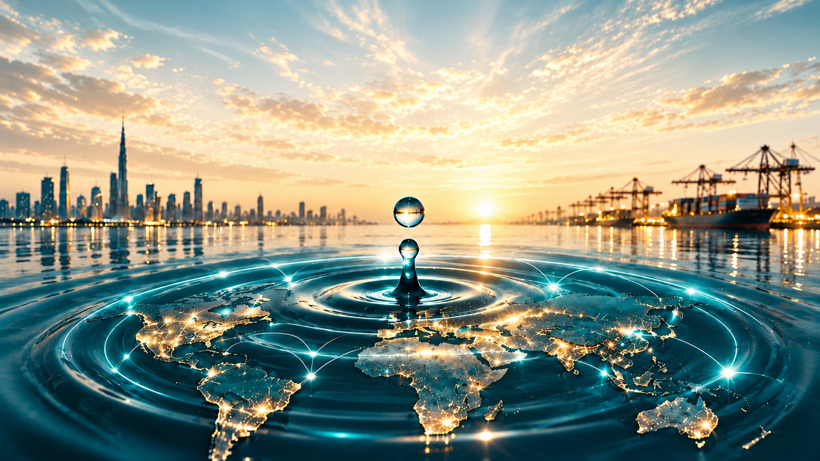 Dubai skyline and shipping port above a glowing world map and water ripples